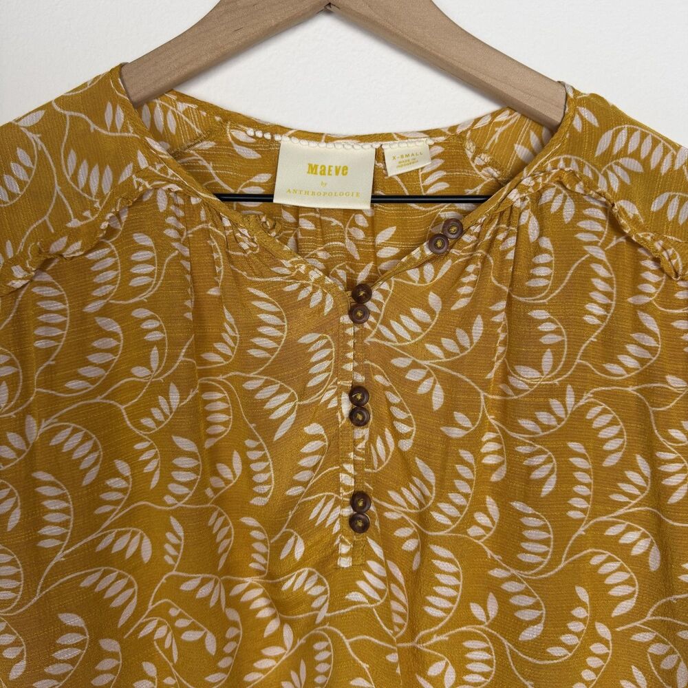 Maeve Blouse Womens XS Yellow Floral Raglan 3/4 Sleeve Elastic Hem Boho Top